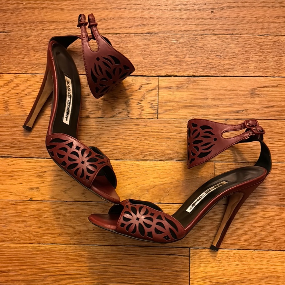 Manolo Blahnik Peep Toe Ankle Strap Heels